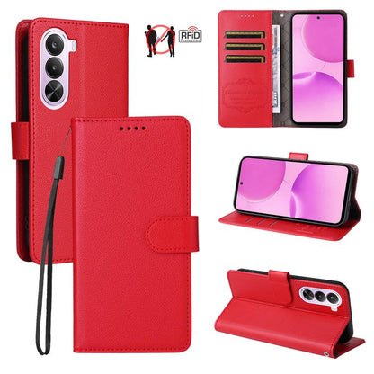 Litchi Texture RFID Blocking 3-Card Wallet Leather Phone Case, For Realme P4R 5G / P4x 4G / C100 4G / C100i, For Realme 16 Pro+ 5G, For Realme 16 Pro 5G, For Realme P4x 5G, For Realme 15x 5G India / Realme C85 5G, For Realme C85 Pro 4G, For Realme 15T ...