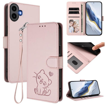 Embossed Heart Cat Leather Phone Case with Hand Strap, For Nothing Phone 4a Pro, For Nothing Phone 4a, For Nothing Phone 3, For Nothing CMF Phone 2 Pro, For Nothing Phone 3a, For Nothing Phone 3a Pro, For Nothing CMF Phone 1, For Nothing Phone 2a