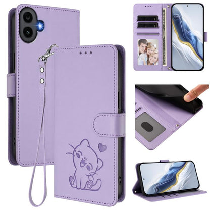 Embossed Heart Cat Leather Phone Case with Hand Strap, For Nothing Phone 4a Pro, For Nothing Phone 4a, For Nothing Phone 3, For Nothing CMF Phone 2 Pro, For Nothing Phone 3a, For Nothing Phone 3a Pro, For Nothing CMF Phone 1, For Nothing Phone 2a
