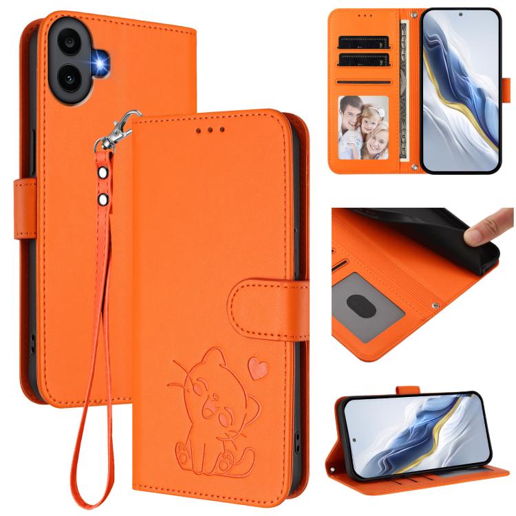 Embossed Heart Cat Leather Phone Case with Hand Strap, For Nothing Phone 4a Pro, For Nothing Phone 4a, For Nothing Phone 3, For Nothing CMF Phone 2 Pro, For Nothing Phone 3a, For Nothing Phone 3a Pro, For Nothing CMF Phone 1, For Nothing Phone 2a