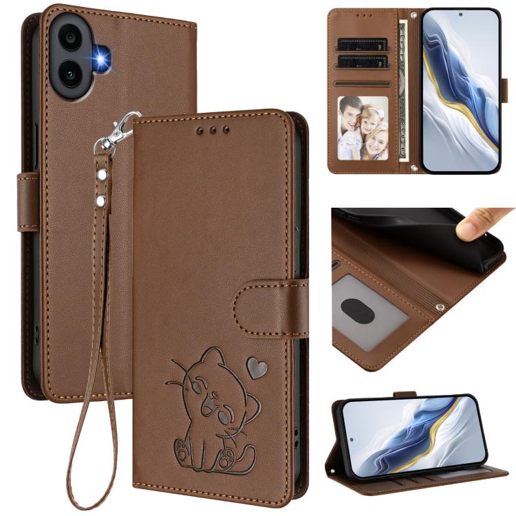 Embossed Heart Cat Leather Phone Case with Hand Strap, For Nothing Phone 4a Pro, For Nothing Phone 4a, For Nothing Phone 3, For Nothing CMF Phone 2 Pro, For Nothing Phone 3a, For Nothing Phone 3a Pro, For Nothing CMF Phone 1, For Nothing Phone 2a