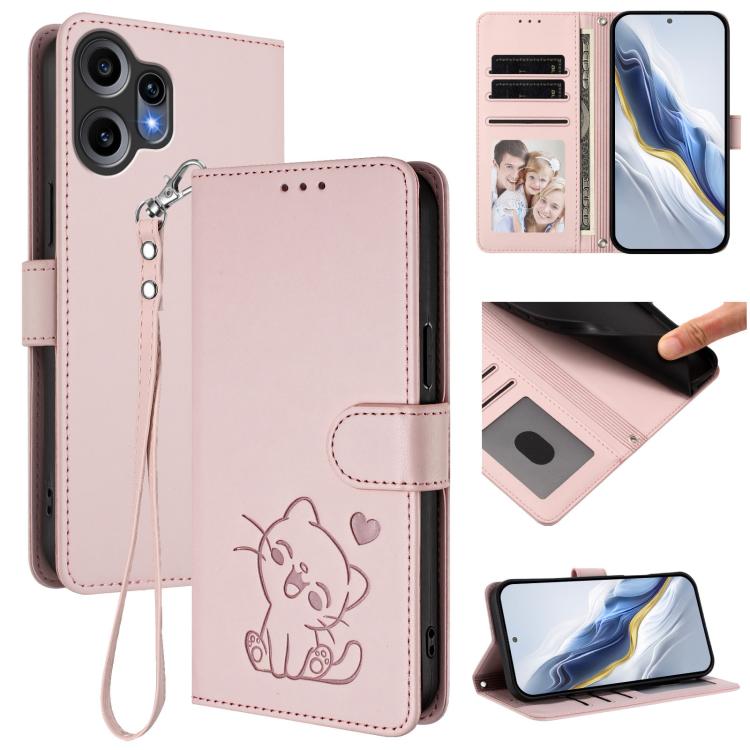 Embossed Heart Cat Leather Phone Case with Hand Strap, For Nothing Phone 4a Pro, For Nothing Phone 4a, For Nothing Phone 3, For Nothing CMF Phone 2 Pro, For Nothing Phone 3a, For Nothing Phone 3a Pro, For Nothing CMF Phone 1, For Nothing Phone 2a