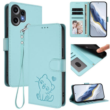 Embossed Heart Cat Leather Phone Case with Hand Strap, For Nothing Phone 4a Pro, For Nothing Phone 4a, For Nothing Phone 3, For Nothing CMF Phone 2 Pro, For Nothing Phone 3a, For Nothing Phone 3a Pro, For Nothing CMF Phone 1, For Nothing Phone 2a