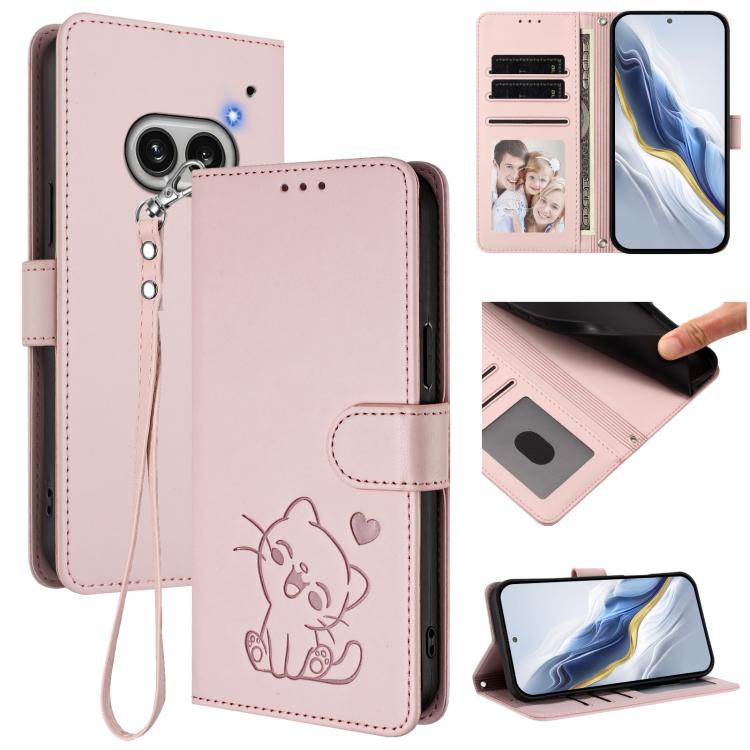 Embossed Heart Cat Leather Phone Case with Hand Strap, For Nothing Phone 4a Pro, For Nothing Phone 4a, For Nothing Phone 3, For Nothing CMF Phone 2 Pro, For Nothing Phone 3a, For Nothing Phone 3a Pro, For Nothing CMF Phone 1, For Nothing Phone 2a