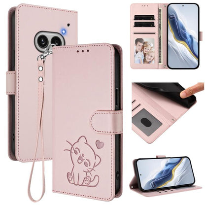 Embossed Heart Cat Leather Phone Case with Hand Strap, For Nothing Phone 4a Pro, For Nothing Phone 4a, For Nothing Phone 3, For Nothing CMF Phone 2 Pro, For Nothing Phone 3a, For Nothing Phone 3a Pro, For Nothing CMF Phone 1, For Nothing Phone 2a