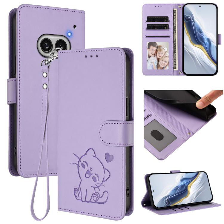 Embossed Heart Cat Leather Phone Case with Hand Strap, For Nothing Phone 4a Pro, For Nothing Phone 4a, For Nothing Phone 3, For Nothing CMF Phone 2 Pro, For Nothing Phone 3a, For Nothing Phone 3a Pro, For Nothing CMF Phone 1, For Nothing Phone 2a