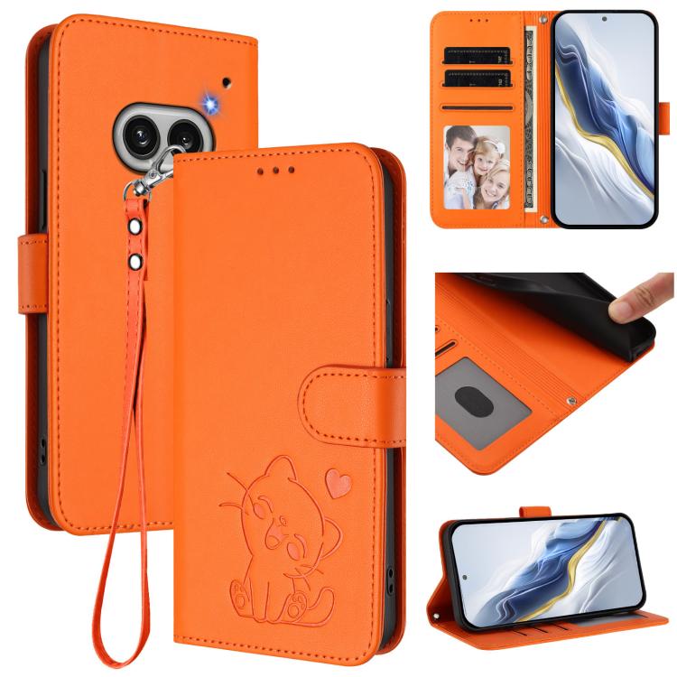 Embossed Heart Cat Leather Phone Case with Hand Strap, For Nothing Phone 4a Pro, For Nothing Phone 4a, For Nothing Phone 3, For Nothing CMF Phone 2 Pro, For Nothing Phone 3a, For Nothing Phone 3a Pro, For Nothing CMF Phone 1, For Nothing Phone 2a