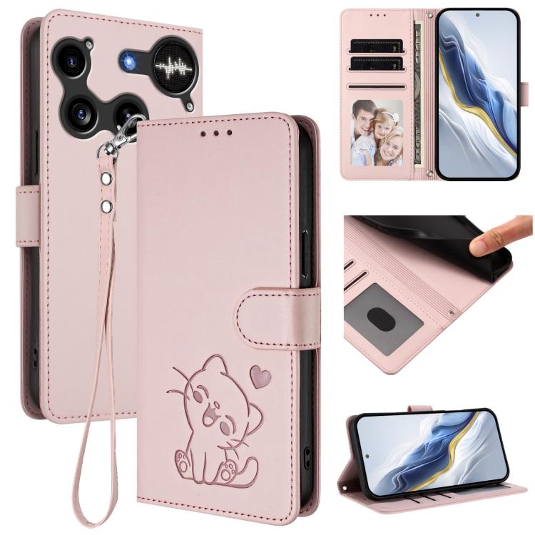 Embossed Heart Cat Leather Phone Case with Hand Strap, For Nothing Phone 4a Pro, For Nothing Phone 4a, For Nothing Phone 3, For Nothing CMF Phone 2 Pro, For Nothing Phone 3a, For Nothing Phone 3a Pro, For Nothing CMF Phone 1, For Nothing Phone 2a
