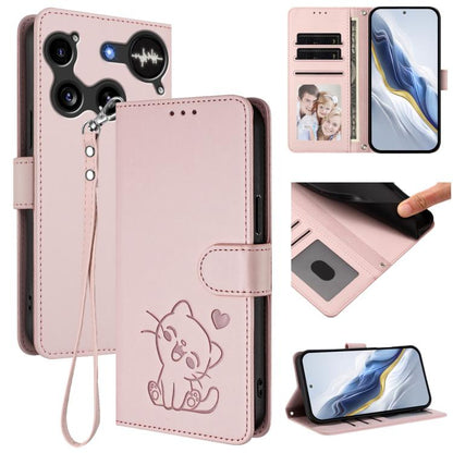 Embossed Heart Cat Leather Phone Case with Hand Strap, For Nothing Phone 4a Pro, For Nothing Phone 4a, For Nothing Phone 3, For Nothing CMF Phone 2 Pro, For Nothing Phone 3a, For Nothing Phone 3a Pro, For Nothing CMF Phone 1, For Nothing Phone 2a