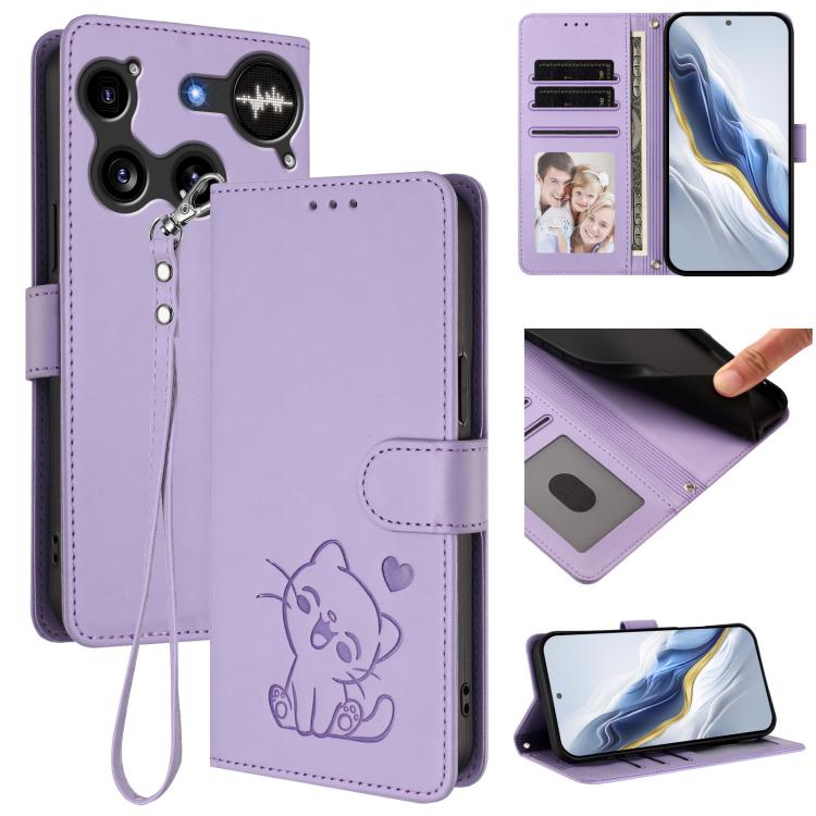 Embossed Heart Cat Leather Phone Case with Hand Strap, For Nothing Phone 4a Pro, For Nothing Phone 4a, For Nothing Phone 3, For Nothing CMF Phone 2 Pro, For Nothing Phone 3a, For Nothing Phone 3a Pro, For Nothing CMF Phone 1, For Nothing Phone 2a