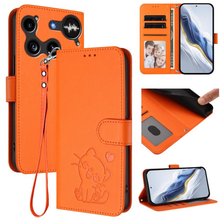 Embossed Heart Cat Leather Phone Case with Hand Strap, For Nothing Phone 4a Pro, For Nothing Phone 4a, For Nothing Phone 3, For Nothing CMF Phone 2 Pro, For Nothing Phone 3a, For Nothing Phone 3a Pro, For Nothing CMF Phone 1, For Nothing Phone 2a