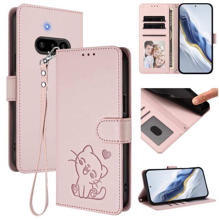 Embossed Heart Cat Leather Phone Case with Hand Strap, For Nothing Phone 4a Pro, For Nothing Phone 4a, For Nothing Phone 3, For Nothing CMF Phone 2 Pro, For Nothing Phone 3a, For Nothing Phone 3a Pro, For Nothing CMF Phone 1, For Nothing Phone 2a