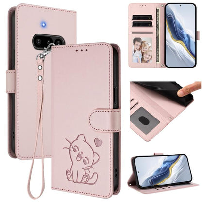 Embossed Heart Cat Leather Phone Case with Hand Strap, For Nothing Phone 4a Pro, For Nothing Phone 4a, For Nothing Phone 3, For Nothing CMF Phone 2 Pro, For Nothing Phone 3a, For Nothing Phone 3a Pro, For Nothing CMF Phone 1, For Nothing Phone 2a