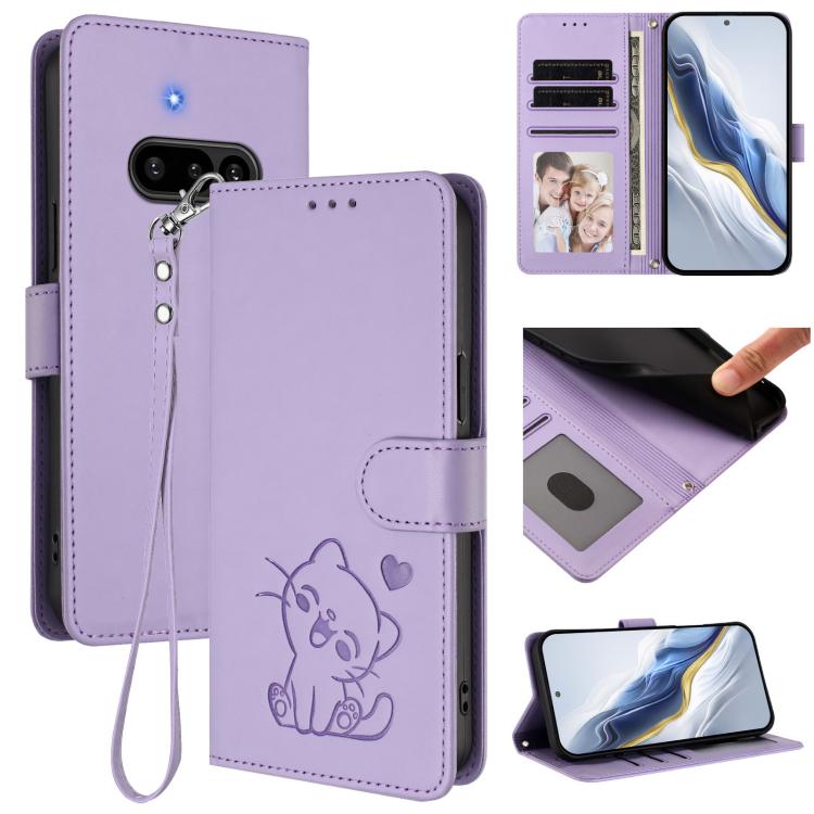 Embossed Heart Cat Leather Phone Case with Hand Strap, For Nothing Phone 4a Pro, For Nothing Phone 4a, For Nothing Phone 3, For Nothing CMF Phone 2 Pro, For Nothing Phone 3a, For Nothing Phone 3a Pro, For Nothing CMF Phone 1, For Nothing Phone 2a