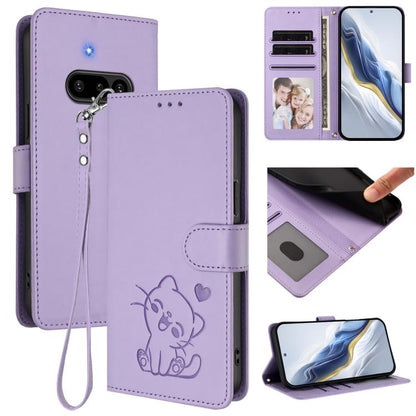 Embossed Heart Cat Leather Phone Case with Hand Strap, For Nothing Phone 4a Pro, For Nothing Phone 4a, For Nothing Phone 3, For Nothing CMF Phone 2 Pro, For Nothing Phone 3a, For Nothing Phone 3a Pro, For Nothing CMF Phone 1, For Nothing Phone 2a