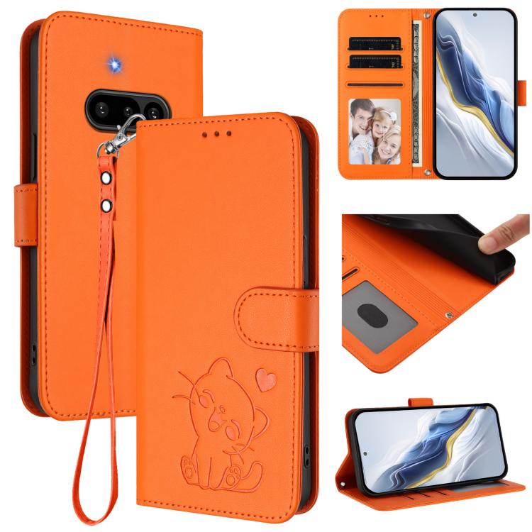Embossed Heart Cat Leather Phone Case with Hand Strap, For Nothing Phone 4a Pro, For Nothing Phone 4a, For Nothing Phone 3, For Nothing CMF Phone 2 Pro, For Nothing Phone 3a, For Nothing Phone 3a Pro, For Nothing CMF Phone 1, For Nothing Phone 2a