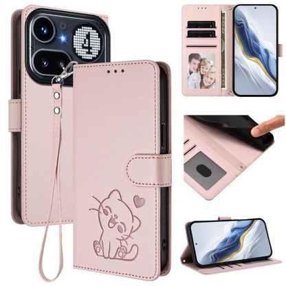 Embossed Heart Cat Leather Phone Case with Hand Strap, For Nothing Phone 4a Pro, For Nothing Phone 4a, For Nothing Phone 3, For Nothing CMF Phone 2 Pro, For Nothing Phone 3a, For Nothing Phone 3a Pro, For Nothing CMF Phone 1, For Nothing Phone 2a