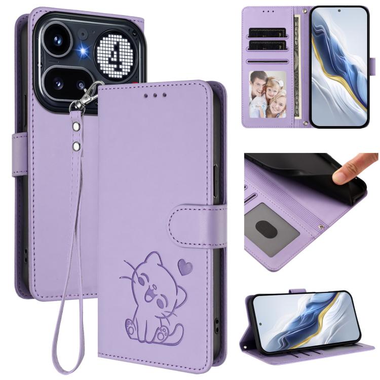 Embossed Heart Cat Leather Phone Case with Hand Strap, For Nothing Phone 4a Pro, For Nothing Phone 4a, For Nothing Phone 3, For Nothing CMF Phone 2 Pro, For Nothing Phone 3a, For Nothing Phone 3a Pro, For Nothing CMF Phone 1, For Nothing Phone 2a