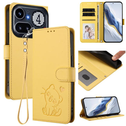Embossed Heart Cat Leather Phone Case with Hand Strap, For Nothing Phone 4a Pro, For Nothing Phone 4a, For Nothing Phone 3, For Nothing CMF Phone 2 Pro, For Nothing Phone 3a, For Nothing Phone 3a Pro, For Nothing CMF Phone 1, For Nothing Phone 2a