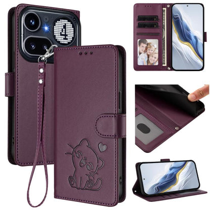 Embossed Heart Cat Leather Phone Case with Hand Strap, For Nothing Phone 4a Pro, For Nothing Phone 4a, For Nothing Phone 3, For Nothing CMF Phone 2 Pro, For Nothing Phone 3a, For Nothing Phone 3a Pro, For Nothing CMF Phone 1, For Nothing Phone 2a