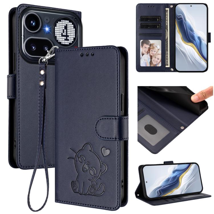 Embossed Heart Cat Leather Phone Case with Hand Strap, For Nothing Phone 4a Pro, For Nothing Phone 4a, For Nothing Phone 3, For Nothing CMF Phone 2 Pro, For Nothing Phone 3a, For Nothing Phone 3a Pro, For Nothing CMF Phone 1, For Nothing Phone 2a