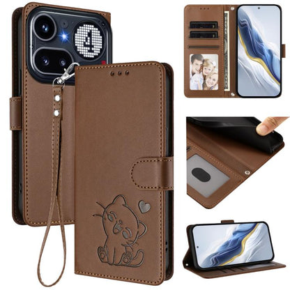 Embossed Heart Cat Leather Phone Case with Hand Strap, For Nothing Phone 4a Pro, For Nothing Phone 4a, For Nothing Phone 3, For Nothing CMF Phone 2 Pro, For Nothing Phone 3a, For Nothing Phone 3a Pro, For Nothing CMF Phone 1, For Nothing Phone 2a