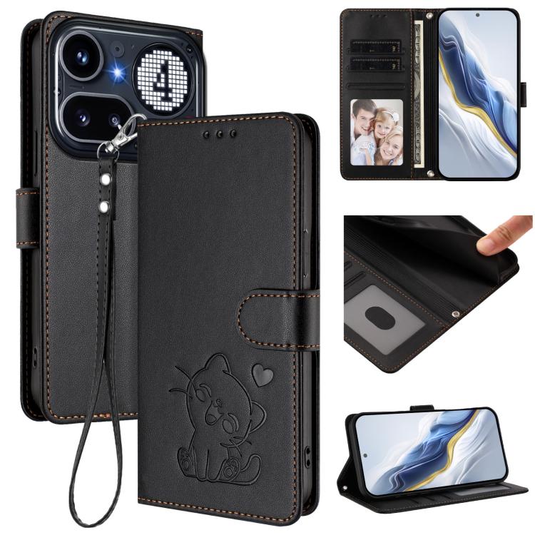Embossed Heart Cat Leather Phone Case with Hand Strap, For Nothing Phone 4a Pro, For Nothing Phone 4a, For Nothing Phone 3, For Nothing CMF Phone 2 Pro, For Nothing Phone 3a, For Nothing Phone 3a Pro, For Nothing CMF Phone 1, For Nothing Phone 2a