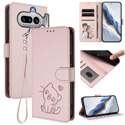 Embossed Heart Cat Leather Phone Case with Hand Strap, For Nothing Phone 4a Pro, For Nothing Phone 4a, For Nothing Phone 3, For Nothing CMF Phone 2 Pro, For Nothing Phone 3a, For Nothing Phone 3a Pro, For Nothing CMF Phone 1, For Nothing Phone 2a