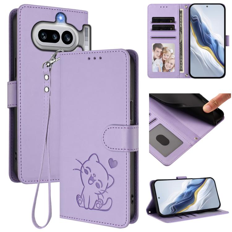 Embossed Heart Cat Leather Phone Case with Hand Strap, For Nothing Phone 4a Pro, For Nothing Phone 4a, For Nothing Phone 3, For Nothing CMF Phone 2 Pro, For Nothing Phone 3a, For Nothing Phone 3a Pro, For Nothing CMF Phone 1, For Nothing Phone 2a