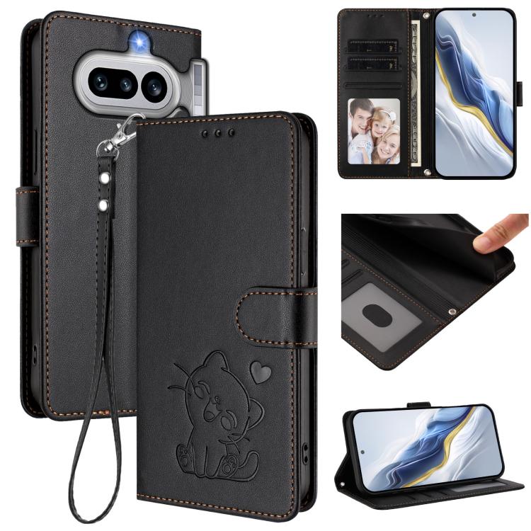 Embossed Heart Cat Leather Phone Case with Hand Strap, For Nothing Phone 4a Pro, For Nothing Phone 4a, For Nothing Phone 3, For Nothing CMF Phone 2 Pro, For Nothing Phone 3a, For Nothing Phone 3a Pro, For Nothing CMF Phone 1, For Nothing Phone 2a