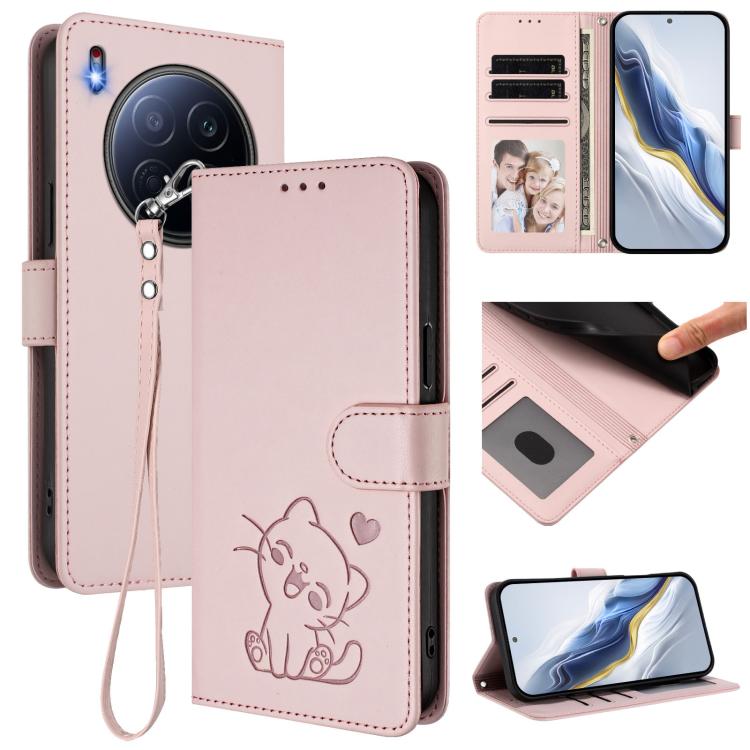 Embossed Heart Cat Leather Phone Case with Hand Strap, For Tecno Pova 7 Ultra 5G, For Tecno Pova 7 4G / 7 Neo, For Tecno Spark Go 1 / Pop 9, For Tecno Camon 40 Pro 4G, For Tecno Camon 40 Premier, For Tecno Camon 40 4G, For Tecno Spark 30C 5G / Pop 9 5G...