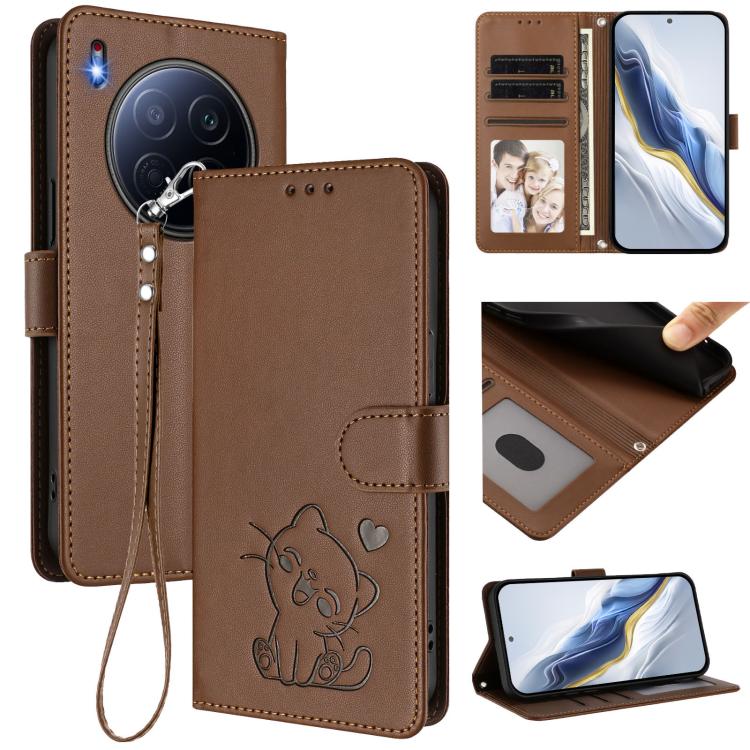 Embossed Heart Cat Leather Phone Case with Hand Strap, For Tecno Pova 7 Ultra 5G, For Tecno Pova 7 4G / 7 Neo, For Tecno Spark Go 1 / Pop 9, For Tecno Camon 40 Pro 4G, For Tecno Camon 40 Premier, For Tecno Camon 40 4G, For Tecno Spark 30C 5G / Pop 9 5G...