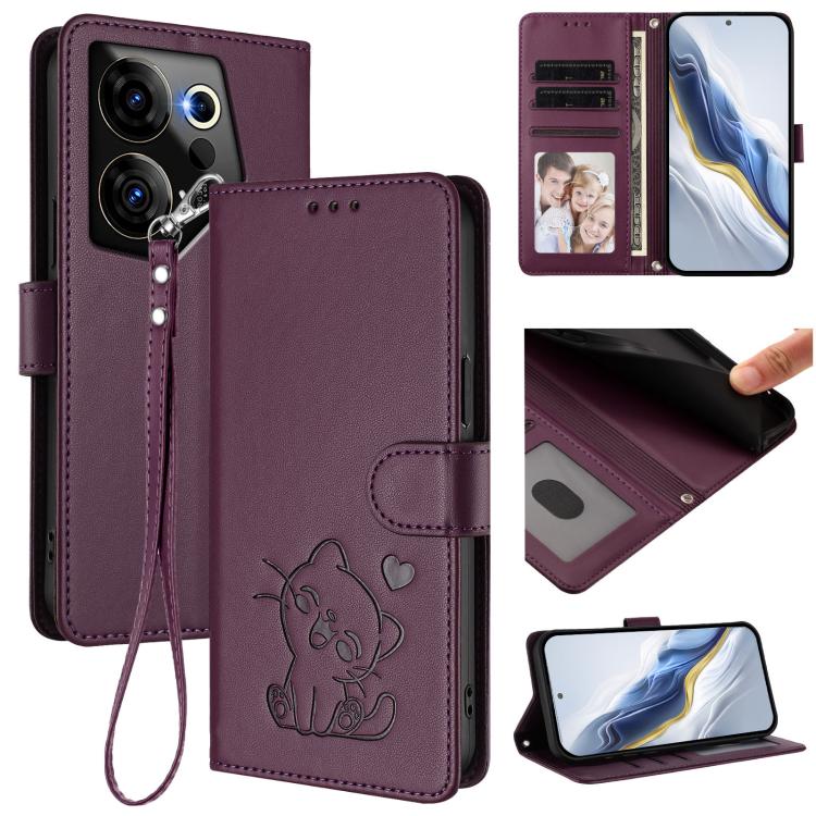 Embossed Heart Cat Leather Phone Case with Hand Strap, For Tecno Camon 30 Pro, For Tecno Camon 30 Premier 5G, For Tecno Camon 30 4G / 5G, For Tecno Pova 6 Pro 5G, For Tecno Spark 20 Pro+ 4G, For Tecno Pova 5 Pro, For Tecno Pova Neo 3, For Tecno Pova 5 ...