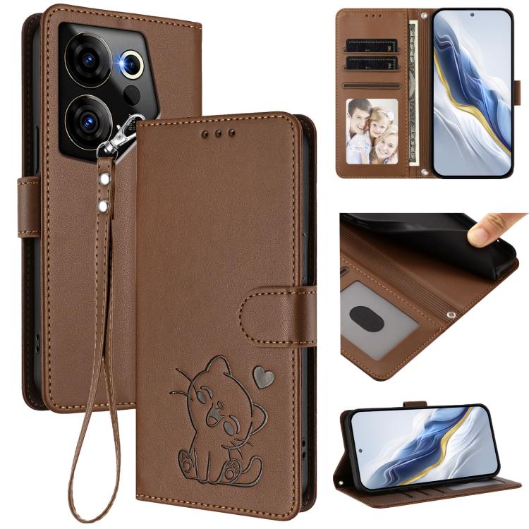 Embossed Heart Cat Leather Phone Case with Hand Strap, For Tecno Camon 30 Pro, For Tecno Camon 30 Premier 5G, For Tecno Camon 30 4G / 5G, For Tecno Pova 6 Pro 5G, For Tecno Spark 20 Pro+ 4G, For Tecno Pova 5 Pro, For Tecno Pova Neo 3, For Tecno Pova 5 ...