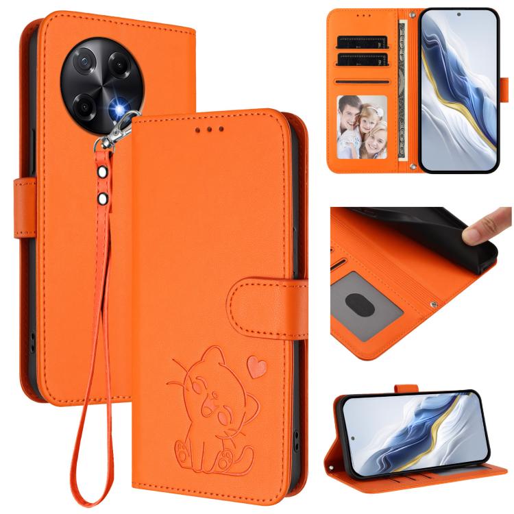 Embossed Heart Cat Leather Phone Case with Hand Strap, For Tecno Pova 7 Ultra 5G, For Tecno Pova 7 4G / 7 Neo, For Tecno Spark Go 1 / Pop 9, For Tecno Camon 40 Pro 4G, For Tecno Camon 40 Premier, For Tecno Camon 40 4G, For Tecno Spark 30C 5G / Pop 9 5G...