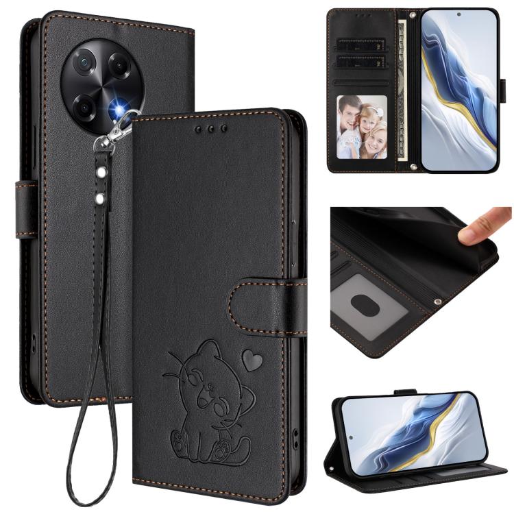 Embossed Heart Cat Leather Phone Case with Hand Strap, For Tecno Pova 7 Ultra 5G, For Tecno Pova 7 4G / 7 Neo, For Tecno Spark Go 1 / Pop 9, For Tecno Camon 40 Pro 4G, For Tecno Camon 40 Premier, For Tecno Camon 40 4G, For Tecno Spark 30C 5G / Pop 9 5G...