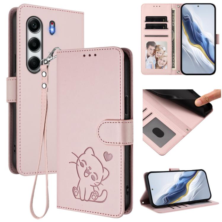 Embossed Heart Cat Leather Phone Case with Hand Strap, For Tecno Pova 7 Ultra 5G, For Tecno Pova 7 4G / 7 Neo, For Tecno Spark Go 1 / Pop 9, For Tecno Camon 40 Pro 4G, For Tecno Camon 40 Premier, For Tecno Camon 40 4G, For Tecno Spark 30C 5G / Pop 9 5G...