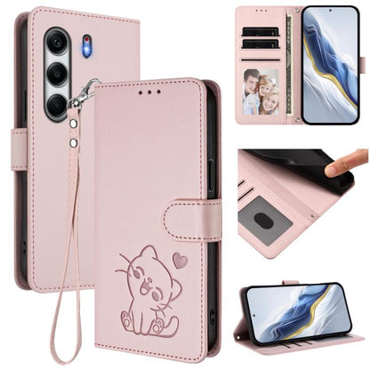 Embossed Heart Cat Leather Phone Case with Hand Strap, For Tecno Pova 7 Ultra 5G, For Tecno Pova 7 4G / 7 Neo, For Tecno Spark Go 1 / Pop 9, For Tecno Camon 40 Pro 4G, For Tecno Camon 40 Premier, For Tecno Camon 40 4G, For Tecno Spark 30C 5G / Pop 9 5G...