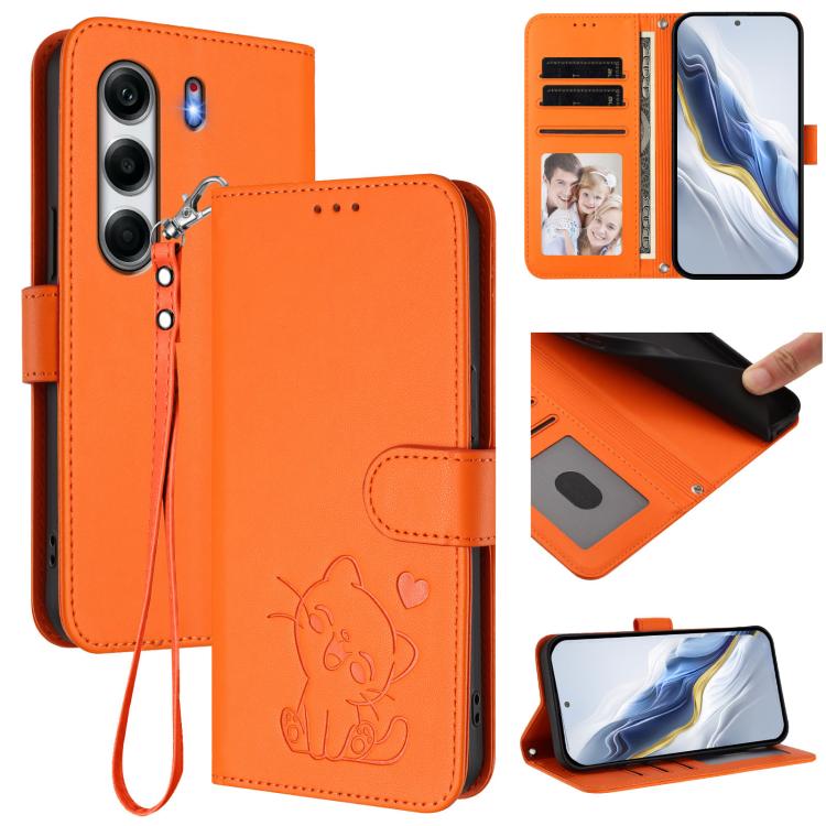Embossed Heart Cat Leather Phone Case with Hand Strap, For Tecno Pova 7 Ultra 5G, For Tecno Pova 7 4G / 7 Neo, For Tecno Spark Go 1 / Pop 9, For Tecno Camon 40 Pro 4G, For Tecno Camon 40 Premier, For Tecno Camon 40 4G, For Tecno Spark 30C 5G / Pop 9 5G...