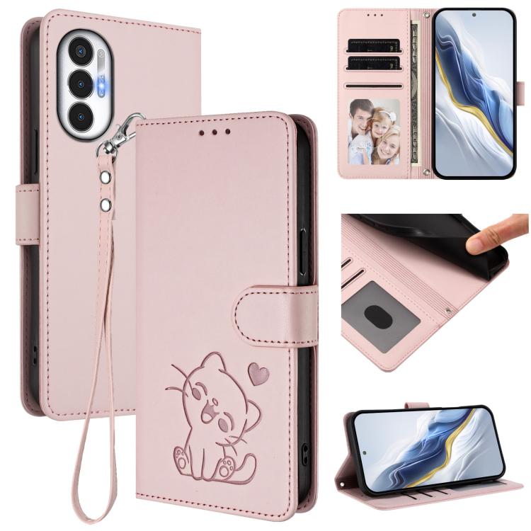 Embossed Heart Cat Leather Phone Case with Hand Strap, For Tecno Spark Go 2022 / 9 / 8C, For Tecno Spark 9T / 9 Pro, For Tecno Pova 3