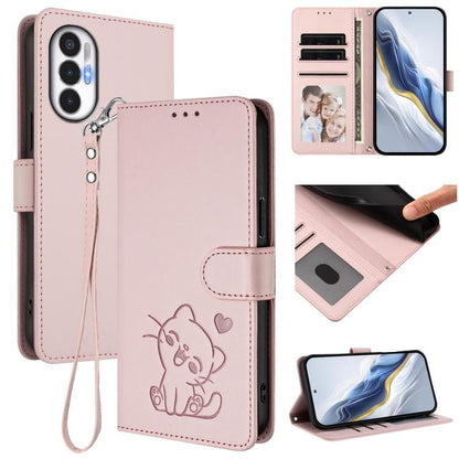 Embossed Heart Cat Leather Phone Case with Hand Strap, For Tecno Spark Go 2022 / 9 / 8C, For Tecno Spark 9T / 9 Pro, For Tecno Pova 3