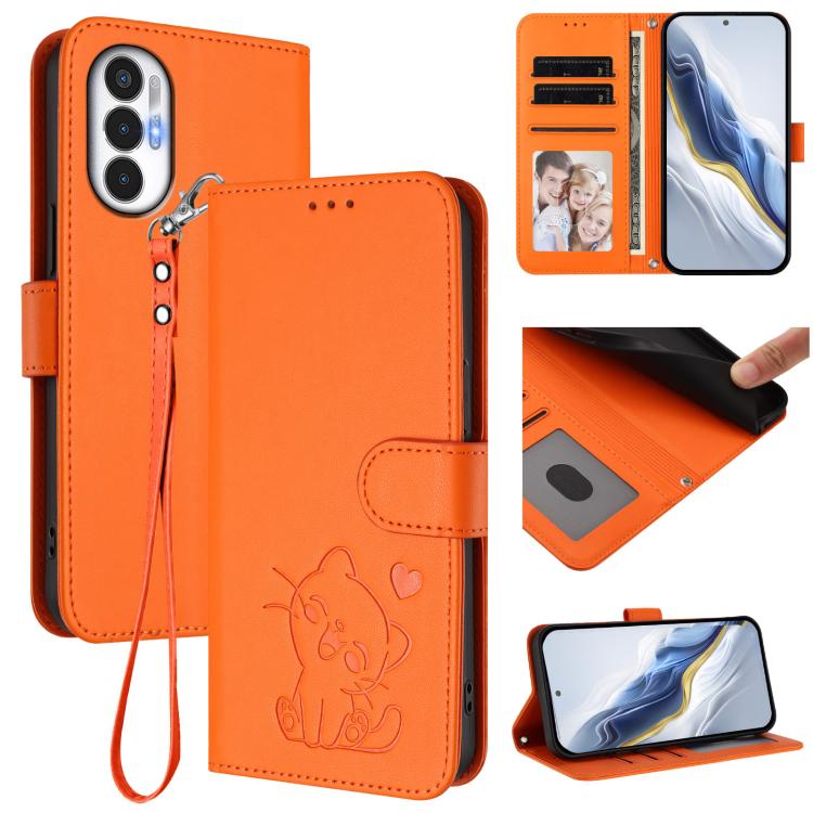 Embossed Heart Cat Leather Phone Case with Hand Strap, For Tecno Spark Go 2022 / 9 / 8C, For Tecno Spark 9T / 9 Pro, For Tecno Pova 3