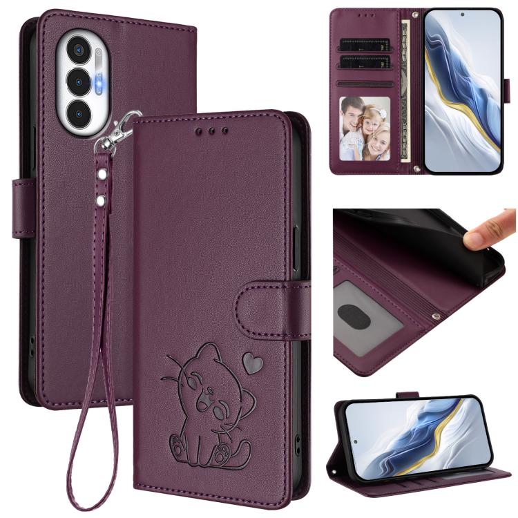 Embossed Heart Cat Leather Phone Case with Hand Strap, For Tecno Spark Go 2022 / 9 / 8C, For Tecno Spark 9T / 9 Pro, For Tecno Pova 3