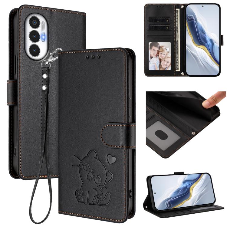 Embossed Heart Cat Leather Phone Case with Hand Strap, For Tecno Spark Go 2022 / 9 / 8C, For Tecno Spark 9T / 9 Pro, For Tecno Pova 3