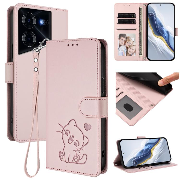 Embossed Heart Cat Leather Phone Case with Hand Strap, For Tecno Camon 30 Pro, For Tecno Camon 30 Premier 5G, For Tecno Camon 30 4G / 5G, For Tecno Pova 6 Pro 5G, For Tecno Spark 20 Pro+ 4G, For Tecno Pova 5 Pro, For Tecno Pova Neo 3, For Tecno Pova 5 ...