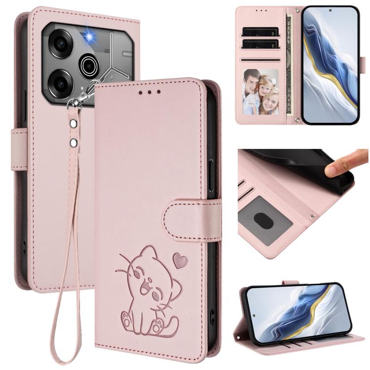 Embossed Heart Cat Leather Phone Case with Hand Strap, For Tecno Camon 30 Pro, For Tecno Camon 30 Premier 5G, For Tecno Camon 30 4G / 5G, For Tecno Pova 6 Pro 5G, For Tecno Spark 20 Pro+ 4G, For Tecno Pova 5 Pro, For Tecno Pova Neo 3, For Tecno Pova 5 ...