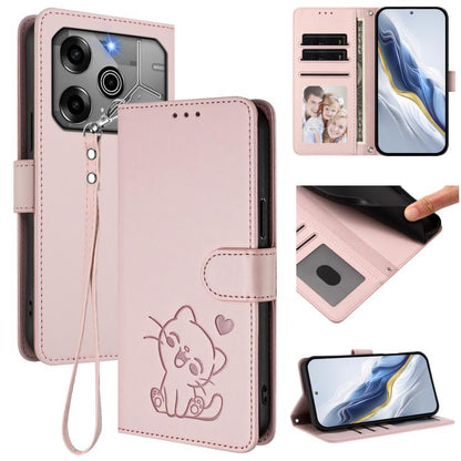 Embossed Heart Cat Leather Phone Case with Hand Strap, For Tecno Camon 30 Pro, For Tecno Camon 30 Premier 5G, For Tecno Camon 30 4G / 5G, For Tecno Pova 6 Pro 5G, For Tecno Spark 20 Pro+ 4G, For Tecno Pova 5 Pro, For Tecno Pova Neo 3, For Tecno Pova 5 ...