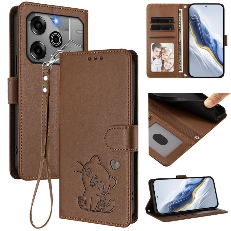 Embossed Heart Cat Leather Phone Case with Hand Strap, For Tecno Camon 30 Pro, For Tecno Camon 30 Premier 5G, For Tecno Camon 30 4G / 5G, For Tecno Pova 6 Pro 5G, For Tecno Spark 20 Pro+ 4G, For Tecno Pova 5 Pro, For Tecno Pova Neo 3, For Tecno Pova 5 ...