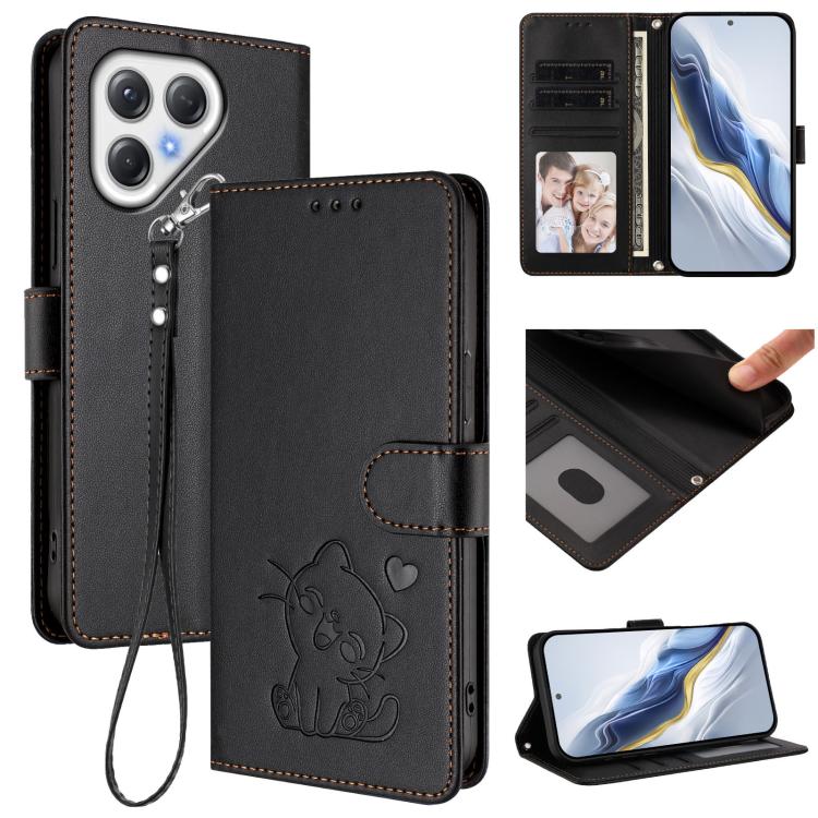 Embossed Heart Cat Leather Phone Case with Hand Strap, For Tecno Pova 7 Ultra 5G, For Tecno Pova 7 4G / 7 Neo, For Tecno Spark Go 1 / Pop 9, For Tecno Camon 40 Pro 4G, For Tecno Camon 40 Premier, For Tecno Camon 40 4G, For Tecno Spark 30C 5G / Pop 9 5G...