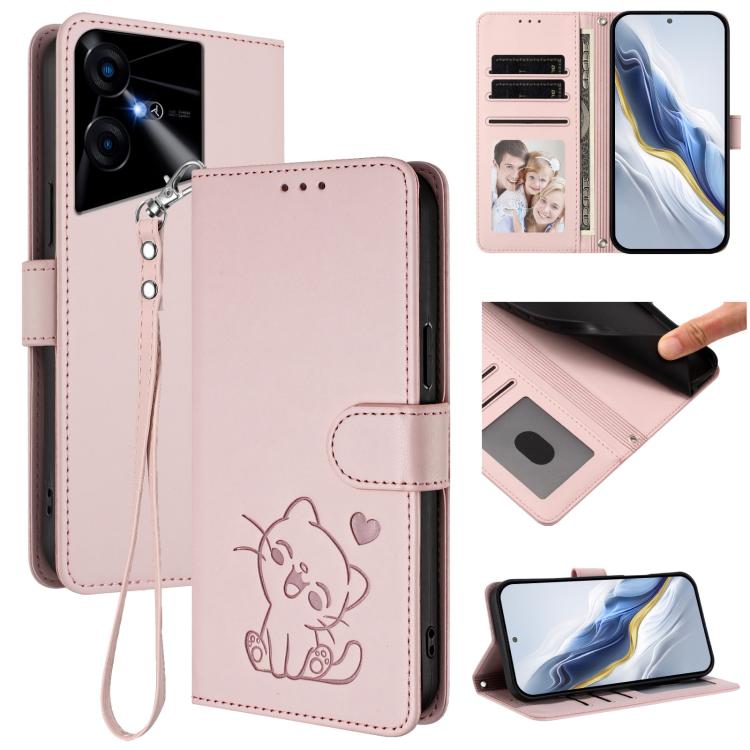 Embossed Heart Cat Leather Phone Case with Hand Strap, For Tecno Camon 30 Pro, For Tecno Camon 30 Premier 5G, For Tecno Camon 30 4G / 5G, For Tecno Pova 6 Pro 5G, For Tecno Spark 20 Pro+ 4G, For Tecno Pova 5 Pro, For Tecno Pova Neo 3, For Tecno Pova 5 ...